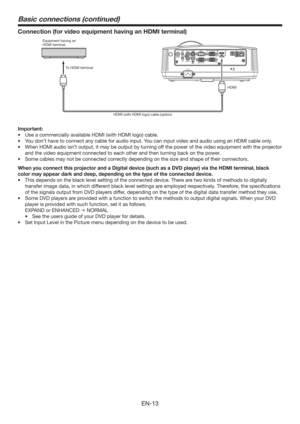 Page 13EN-13
Basic connections (continued)
Connection (for video equipment having an HDMI terminal)
AUDIO OUT
AUDIO IN-3R
AC INVIDEOMONITOR OUTIN-2USB-BUSB-A LAN
IN-1
COMPUTER / COMPONENT VIDEOSERIAL
S-VIDEOAUDIO IN-3L
AUDIO
IN-2 AUDIO
IN-1
Equipment having an
HDMI terminal
To HDMI terminal
HDMI
HDMI (with HDMI logo) cable (option) 
Important: 
t 6TFBDPNNFSDJBMMZBWBJMBCMF)%.*	XJUI)%.*MPHP
DBCMF
t...