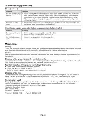 Page 55EN-55
Troubleshooting (continued)
Others (continued)
Problem Solution
The fans sound during 
standby.t 8IFO4UBOECZ.PEFJOUIF*OTUBMMBUJPONFOVJTTFUUP-/
4QFBLFS0VU
PS.POJUPS
Out, the fans rotate at very low speed during standby after plugging the power cord 
(with 5 second high speed rotation at the beginning) and after turning off the lamp. 
This is to cool down the projector operating various functions during standby and is 
not a malfunction.
Abnormal sound is 
heard. t...