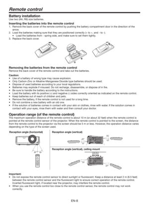 Page 8EN-8
Remote control
Battery installation
Use two (AA, R6) size batteries.
Inserting the batteries into the remote control
1.  Remove the back cover of the remote control by pushing the battery compartment door in the direction of the 
arrow.
 -PBEUIFCBUUFSJFTNBLJOHTVSFUIBUUIFZBSFQPTJUJPOFEDPSSFDUMZ	UP
BOEUP

t -PBEUIFCBUUFSJFTGSPNTQSJOHTJEF
BOENBLFTVSFUPTFUUIFNUJHIUMZ
3.  Replace the back cover.
Removing the batteries from the remote control
Remove the back cover...