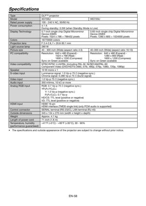 Page 58EN-58
Specifications
TypeDLP™ projector
ModelXD700UWD720U
Rated power supply100	-	240	V	AC,	50/60	Hz
Power consumption4.1 A
During	standby:	0.5W	(when	Standby	Mode	is	Low)
Display Technology0.7-inch	single	chip	Digital	Micromirror	
Device (DMD)
Pixels:	1024	x	768	=	786432	pixels
0.65-inch	single	chip	Digital	Micromirror	
Device (DMD)
Pixels:	1280	x	800	=	1024000	pixels
Colors16770000	colors
Projection lensF	2.4-2.8,	f	=	20.6-30.1	mm
Light source lamp280	W
Picture size40	-	300	inch	(Wide)	(aspect	ratio...