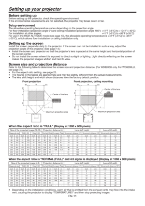 Page 11EN-11
Setting up your projector
Before setting up
Before setting up the projector, check the operating environment. 
If the environmental requirements are not satisﬁed, the projector may break down or fail. 
Setup environment
The allowable operating temperature varies depending on the projection angle.  
For ﬂoor installation (projection angle 0°) and ceiling installation (projection angle 180°):  +41°F (+5°C) to +104°F (+40°C)
For installation at other angles:   +41°F (+5°C) to +95°F (+35°C)
For use in...