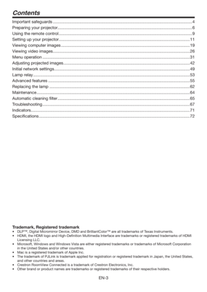 Page 3EN-3
Contents
Important safeguards ........................................................................................................................ 4
Preparing your projector .................................................................................................................... 6
Using the remote control ................................................................................................................... 9
Setting up your projector...