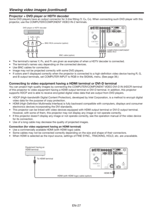 Page 27EN-27
Viewing video images (continued)
Projector + DVD player or HDTV decoder
Some DVD players have an output connector for 3-line ﬁtting (Y, CB, CR). When connecting such DVD player with this 
projector, use the COMPUTER/COMPONENT VIDEO
 IN-2 terminals. 
CB(PB) Y CR(PR) 
B  G R 
DVD player or HDTV decoder
COMPUTER/COMPONENT 
VIDEO IN-2 BNC-RCA connector (option)
BNC cable (option)
t 5IFUFSNJOBMTOBNFT:
1B, and PR are given as examples of when a HDTV decoder is connected.
t...