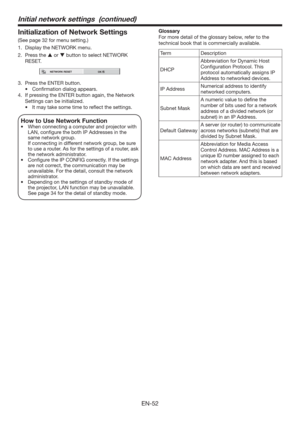 Page 52EN-52
Initialization of Network Settings
(See page 32 for menu setting.)
1.  Display the NETWORK menu. 
2. Press the  or  button to select NETWORK 
RESET.
NETWORK RESET
OK
3.  Press the ENTER button.
t $POmSNBUJPOEJBMPHBQQFBST
4.  If pressing the ENTER button again, the Network 
Settings can be initialized.
t *UNBZUBLFTPNFUJNFUPSFnFDUUIFTFUUJOHT
How to Use Network Function 
t 8IFODPOOFDUJOHBDPNQVUFSBOEQSPKFDUPSXJUI
LAN, conﬁgure the both IP Addresses in the 
same network group....