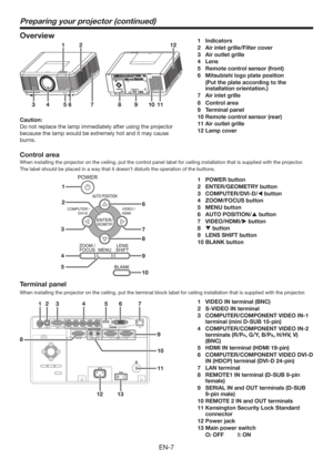 Page 7EN-7
Overview
34756108
1
911
212
6
7
8
9
10 1
3
4
52
1 Indicators
2  Air inlet grille/Filter cover
3  Air outlet grille
4 Lens
5  Remote control sensor (front)
6  Mitsubishi logo plate position
  (Put the plate according to the 
installation orientation.)
7  Air inlet grille
8 Control area
9 Terminal panel
10 Remote control sensor (rear)
11 Air outlet grille
12 Lamp cover
Control area
When installing the projector on the ceiling, put the control panel label for ceiling installation that is supplied with...