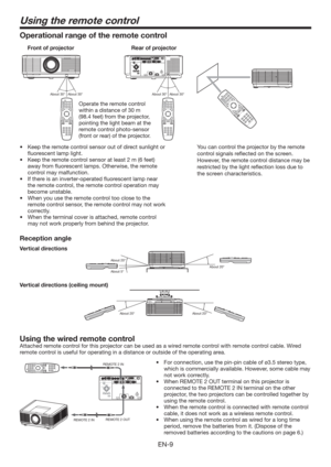 Page 9EN-9
Using the remote control
Using the wired remote control
Attached remote control for this projector can be used as a wired remote control with remote control cable. Wired 
remote control is useful for operating in a distance or outside of the operating area.
REMOTE 2 IN
REMOTE 2 OUT
REMOTE 2 INt PSDPOOFDUJPO
VTFUIFQJOQJODBCMFPG