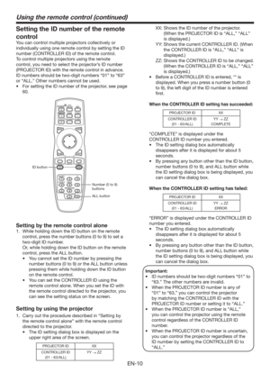 Page 10EN-10
Using the remote control (continued)
Setting the ID number of the remote 
control
You can control multiple projectors collectively or 
individually using one remote control by setting the ID 
number (CONTROLLER ID) of the remote control. 
To control multiple projectors using the remote 
control, you need to select the projector’s ID number 
(PROJECTOR ID) with the remote control in advance. 
ID numbers should be two-digit numbers “01” to “63” 
or “ALL.” Other numbers cannot be used.
t...