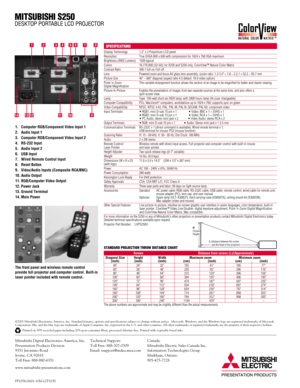Page 2PP1054-06/01-10M-LITS250
MITSUBISHI S250 
DESKTOP PORTABLE LCD PROJECTOR
SPECIFICATIONS678
9
12345
©2001 Mitsubishi Electronics America, Inc. Standard features, options and specifications subject to change without notice.  Microsoft, Windows, and the Windows logo are registered trademarks of Microsoft
Corporation. Mac and the Mac logo are trademarks of Apple Computer, Inc, registered in the U.S. and other countries. All other trademarks or registered trademarks are the property of their respective...