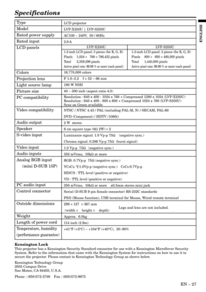 Page 27EN Ð 27
ENGLISH
Specifications
LCD projector
LVP-X250U | LVP-S250U
AC100 ~ 240V,  50 / 60Hz
2.9 A
LVP-X250U LVP-S250U
1.3-inch LCD panel: 3 pieces (for R, G, B) 1.3-inch LCD panel: 3 pieces (for R, G, B)
Pixels 1,024 ´   768 = 786,432 pixels Pixels 800 ´   600 = 480,000 pixels
Total 2,359,296 pixels Total 1,440,000 pixels
Active pixel rate: 99.99 % or more (each panel) Active pixel rate: 99.99 % or more (each panel)
16,770,000 colors
F 1.8~2.2    f = 52 ~ 66 mm
190 W NSH
40 ~ 300 inch (aspect ratio 4:3)...