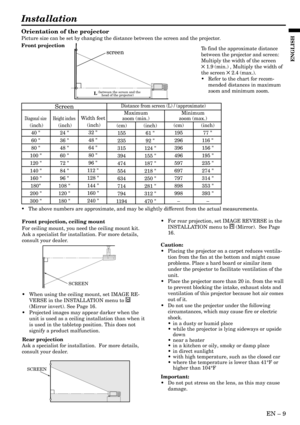 Page 9EN Ð 9
ENGLISH
Installation
Orientation of the projector
Picture size can be set by changing the distance between the screen and the projector.
Front projection
To find the approximate distance
between the projector and screen:
Multiply the width of the screen
5 1.9 (min.) , Multiply the width of
the screen 5 2.4 (max.).
¥ Refer to the chart for recom-
mended distances in maximum
zoom and minimum zoom.
SCREEN
Front projection, ceiling mount
For ceiling mount, you need the ceiling mount kit.
Ask a...