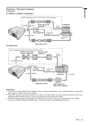 Page 11EN – 11
ENGLISH
Connection
For IBM PC or IBM PC compatibles
to monitor 
port
computer
PC audio 
cable (optional)
RGB cable for PCRGB cable for PC
(optional)
to AUDIO IN
to PC audio 
outputto PC 
monitor
to COMPUTER
 IN
to COMPUTER OUT
When outputting to both a PC monitor and the projector.
For Macintosh
to video portcomputer
MAC adapter for
RGB cable (optional) Monitor Conversion
adapter (optional)Monitor cable
(optional)
to AUDIO IN
to PC audio 
output
to COMPUTER IN
to COMPUTER OUT
123456
ON DIP
PC...