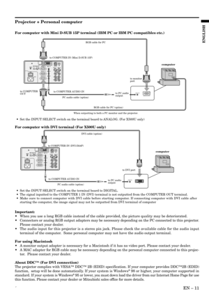 Page 11´EN – 11
ENGLISH
For computer with Mini D-SUB 15P terminal (IBM PC or IBM PC compatibles etc.)
REMOTE
AUDIO  2  IN COMPUTER  2  IN
AUDIO  OUT COMPUTER  OUT
AUDIO  1  IN COMPUTER  1  INDIGITAL
ANALOGINPUT SELECT
MAIN
AC IN OI
L
R
S-VIDEO
VIDEO
AUDIO VIDEO 1 IN VIDEO 2 INUSB
RS-232C
AUDIO OUT
MONITOR OUTPUT
to COMPUTER IN (Mini D-SUB 15P)
to COMPUTER AUDIO INto monitor
port
to COMPUTER 
OUT
to PC audio 
output
PC audio cable (option)
When outputting to both a PC monitor and the projector.RGB cable for PC...