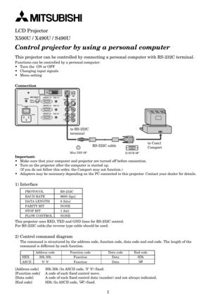 Page 321
Control projector by using a personal computer
1) Interface
This projector can be controlled by connecting a personal computer with RS-232C terminal.
Functions can be controlled by a personal computer:
• Turn the  ON or OFF
• Changing input signals
• Menu setting
Connection
to Com1
Comport to RS-232C
terminal
RS-232C cable
D-SUB 9P Mini DIN 8P
REMOTE
AUDIO  2  IN COMPUTER  2  IN
AUDIO  OUT COMPUTER  OUT
AUDIO  1  IN COMPUTER  1  INDIGITAL
ANALOGINPUT SELECT
MAIN
AC IN OI
L
R
S-VIDEO
VIDEO
AUDIO VIDEO 1...