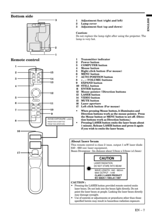 Page 7EN Ð 7
ENGLISH
Bottom side
3
2
11 Adjustment foot (right and left)
2 Lamp cover
3 Adjustment foot (up and down)
Caution:
Do not replace the lamp right after using the projector. The
lamp is very hot.
1
2
3
4
5
6
7
89 10 11 12 13 14 15
17
16
POWER MUTE
COMPUTERVIDEO
MOUSE LASER
MENU ENTERR-CLICK
AUTO POSITIONSTILL
EXPAND
VOLUME –+
Remote control1 Transmitter indicator
2 Power button
3 COMPUTER button
4 Mouse button
5 Right click button (For mouse)
6 MENU button
7 AUTO POSITION button
8 + , Ð (VOLUME)...