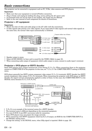 Page 10EN – 10
Basic connections
This projector can be connected to equipment such as PC, VCRs, video cameras and DVD players.
Important:
•Make sure that your equipment is turned off before connection.
•Plug in firmly and unplug by holding the plug, not by pulling the AC power cord.
•If connected units are set too close to one another, the image may be affected.
•Refer to the user manual of each component for details of connections.
Projector + AV equipment
Important:
•Match the color of video and audio plugs...