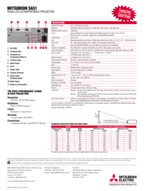 Page 2PP1043-05/01-10M-LITSA51
MITSUBISHI SA51
SVGA LCD ULTRAPORTABLE PROJECTOR
SPECIFICATIONS
©2001 Mitsubishi Digital Electronics America, Inc. Standard features, options and specifications subject to change without notice.  Microsoft, Windows, and the Windows logo are registered trademarks of Microsoft
Corporation. Mac and the Mac logo are trademarks of Apple Computer, Inc, registered in the U.S. and other countries. All other trademarks or registered trademarks are the property of their respective...