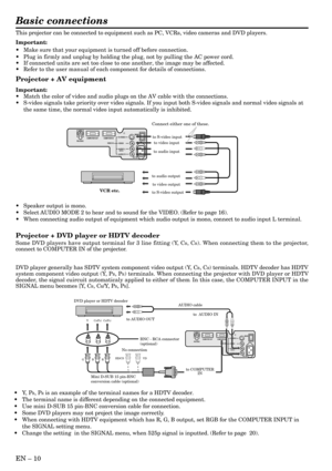 Page 10EN – 10
Basic connections
This projector can be connected to equipment such as PC, VCRs, video cameras and DVD players.
Important:
•Make sure that your equipment is turned off before connection.
•Plug in firmly and unplug by holding the plug, not by pulling the AC power cord.
•If connected units are set too close to one another, the image may be affected.
•Refer to the user manual of each component for details of connections.
Projector + AV equipment
Important:
•Match the color of video and audio plugs...