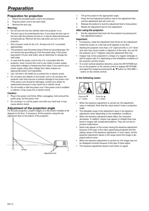 Page 12EN-12
Preparation
Preparation for projection 1. Attach the provided power cord to the projector. 
2. Plug the power cord in the wall outlet. 
3. Remove the lens cap. 
Warning:  Do not look into the lens directly when the projector is on. 
 The lens cap is for protecting the lens. If you leave the lens cap on 
the lens with the projector turned on, it may be deformed because 
of heat build-up. Remove the lens cap when you turn on the 
projector. 
 One of power cords for the U.S., Europe and U.K. is...