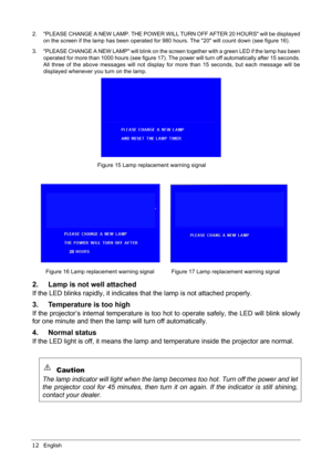 Page 1612English
2. PLEASE CHANGE A NEW LAMP. THE POWER WILL TURN OFF AFTER 20 HOURS will be displayed
on the screen if the lamp has been operated for 980 hours. The 20 will count down (see figure 16).   
3. PLEASE CHANGE A NEW LAMP will blink on the screen together with a green LED if the lamp has been
operated for more than 1000 hours (see figure 17). The power will turn off automatically after 15 seconds.
All three of the above messages will not display for more than 15 seconds, but each message will be...