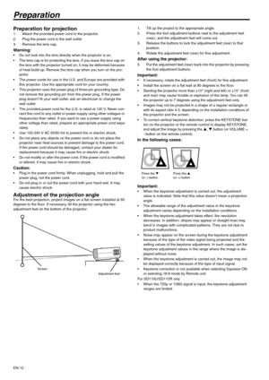 Page 12EN-12
Preparation
Preparation for projection 1. Attach the provided power cord to the projector. 
2. Plug the power cord in the wall outlet. 
3. Remove the lens cap. 
Warning:  Do not look into the lens directly when the projector is on. 
 The lens cap is for protecting the lens. If you leave the lens cap on 
the lens with the projector turned on, it may be deformed because 
of heat build-up. Remove the lens cap when you turn on the pro-
jector. 
 The power cords for use in the U.S. and Europe are...