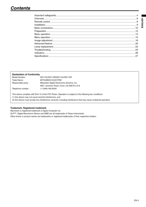 Page 3EN-3
ENGLISH
Contents
Important safeguards................................................................................................................................ 4
Overview ................................................................................................................................................... 6
Remote control ......................................................................................................................................... 8
Installation...