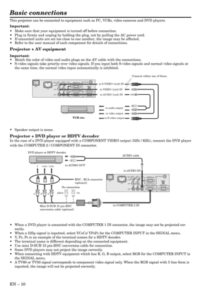 Page 10EN – 10
Basic connections
This projector can be connected to equipment such as PC, VCRs, video cameras and DVD players.
Important:
•Make sure that your equipment is turned off before connection.
•Plug in firmly and unplug by holding the plug, not by pulling the AC power cord.
•If connected units are set too close to one another, the image may be affected.
•Refer to the user manual of each component for details of connections.
Projector + AV equipment
Important:
•Match the color of video and audio plugs...