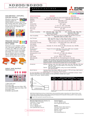 Page 2specifications XD200 SD200
Display Technology 0.7 single chip digital micro device with R,G,B,W color wheel (W-52 type)
Resolution XGA 1024 x 768, 500 video lines  SVGA 800 x 600, 500 video lines
Brightness 2000 ANSI Lumens
Colors 16,770,000 colors
Contrast Ratio 450:1 typical
Projection Lens F = 2.5 - 3.0  100: 3.3m (wide)
Zoom/Focus Manual zoom and manual focus lens
Picture Size 40~ 300
Lamp 210 W high-performance compact lamp
Computer Compatibility VGA ~ SXGA 640 x 480 ~ 1024 x 768, VGA ~ XGA 640 x...