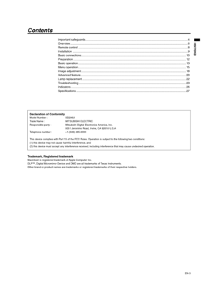 Page 3EN-3
ENGLISH
Contents
Important safeguards................................................................................................................................ 4
Overview ................................................................................................................................................... 6
Remote control ......................................................................................................................................... 8
Installation...