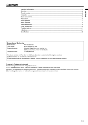 Page 3
EN-3
ENGLISH
Contents
Important safeguards................................................................................................................................ 4
Overview ....................................................................................................................... ............................ 6
Remote control ................................................................................................................. ........................ 8
Installation...