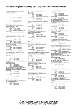 Page 28
EN-28
Mitsubishi Projector Warranty, Sales Support and Service Information1 Zusho Baba, Nagaokakyo-City, Kyoto Japan
MITSUBISHI ELECTRIC CORPORATION
MEU-SP (Mitsubishi Electric Europe B.V. Spanish Branch)
http://www.mitsubishielectric.es/
Ctra. de Rubi, 76-80, 08173 Sant Cugat del Valles,
Barcelona, Spain
Sales InquiriesPhone :+34-93.565.31.54
Fax :+34-93.589.43.88
E-mail :mitsubishi.profesional@sp.mee.com
Technical Inquiries Phone :+34-93.586.27.51
Fax :+34-93.588.53.87
E-mail...