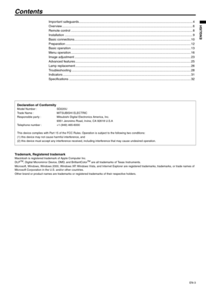 Page 3
EN-3
ENGLISH
Contents
Important safeguards................................................................................................................................ 4
Overview ....................................................................................................................... ............................ 6
Remote control ................................................................................................................. ........................ 8
Installation...