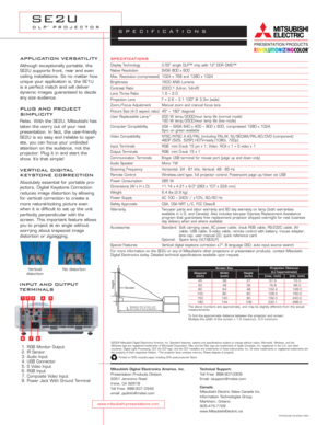 Page 2specifications
Display Technology 0.55 single DLP™ chip with 12°DDR DMD™
Native Resolution SVGA 800 x 600
Max. Resolution (compressed) 1024 x 768 and 1280 x 1024
Brightness 150 0 ANSI Lumens
Contrast Ratio 200 0:1 (full-on, full-off)
Lens Throw Ratio 1.6 ~ 2.0
Projection Lens F = 2.6 ~ 3.1 100 @ 3.3m (wide)
Zoom/Focus Adjustment Manual zoom and manual focus lens
Picture Size (4:3 aspect ratio) 45 ~ 180 diagonal
User Replaceable Lamp* 200 W lamp/2000-hour lamp life (normal mode)
160 W lamp/2500-hour lamp...