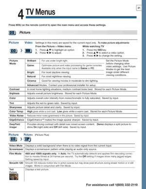 Page 2121
For assistance call 1(800) 332-2119
4
TV Menus
Press MENU on the remote control to open the main menu and access these settings.
PictureVideoSettings in this menu are saved for the current input only.  To make picture adjustments:
From the Picture > Video menu
Press 1.   to highlight an option
Press 2.    to adjust.
While watching TV
Press the 1. VIDEO key.
Press 2.   to select a video option.
Press 3.    to change the setting.
Picture 
Mode
BrilliantFor use under bright light.Set the Picture Mode...