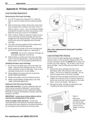 Page 2828 Appendices
For assistance call 1(800) 332-2119
Lamp-Cartridge Replacement
Removing the Old Lamp Cartridge
Turn off TV power and unplug the TV.  Allow the 1. 
lamp to cool for at least one hour before proceed-
ing.
After the lamp has cooled, remove the cover of the 2. 
lamp compartment, located on the back of the TV.
Refer to figures 1 and 2.  Use a #2 (medium) Phillips 
screwdriver to loosen the screw securing the cover.  
Keep the screw and cover for re-installation
Wi3. th a medium Phillips...