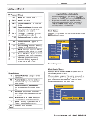 Page 25  3.  TV Menus25
For assistance call 1(800) 332-2119
Important Notes on Rating Locks

Rating locks apply only to channels and signals 
received on the ANT and composite VIDEO jacks.
 When viewing a cable box, satellite receiver, 
or other device connected to the component 
Y Pb Pr or HDMI inputs, check the device’s 
owner’s guide for parental locks. TV Program Ratings
  TV Age-Based   
Ratings
TV-YYo u t h .  For children under 7.
TV-Y7Youth 7 and older.
TV-GGeneral Audience.  For the entire 
family....