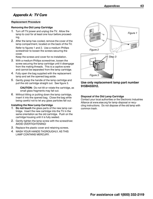 Page 43 Appendices 43
Replacement Procedure
Removing the Old Lamp Cartridge
1. Turn off TV power and unplug the TV.  Allow the 
lamp to cool for at least one hour before proceed -
ing.
2. After the lamp has cooled, remove the cover of the 
lamp compartment, located on the back of the TV.
Refer to figures 1 and 2.  Use a medium Phillips 
screwdriver to loosen the screws securing the 
cover.
Keep the screws and cover for re-installation.
3. With a medium Phillips screwdriver, loosen the 
screw securing the lamp...