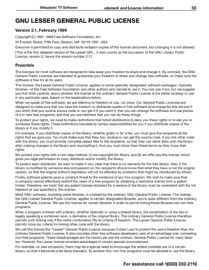 Page 55 Trademark and License Information 55
GNU LESSER GENERAL PUBLIC LICENSE
Version 2.1, February 1999
Copyright (C) 1991, 1999 Free Software Foundation, Inc.
51 Franklin Street, Fifth Floor, Boston, MA  02110-1301  USA
Everyone is permitted to copy and distribute verbatim copies of this license document, but changing it is not allowed.
[This is the first released version of the Lesser GPL.  It also counts as the successor of the GNU Library Public 
License, version 2, hence the version number 2.1.]...