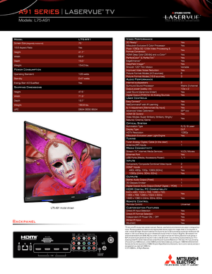 Page 2L75-A91	model	shown
*TV	and 	some 	PC 	displays 	have 	standard 	overscan. 	Features, 	specifications 	and 	dimensions 	are 	subject 	to 	change 	without	notice. 		Physical 	appearance 	of 	television 	and 	matching 	base 	may 	vary 	slightly 	from 	images 	shown 	on 	this 	document. 	In	order 	to 	display 	3D 	images. 	Mitsubishi 	LaserVue 	TVs 	require 	the 	use 	of 	a 	3D 	source 	device 	coupled 	with 	the 	Mitsubishi 	3D	adapter 	or 	other 	source 	devices 	that 	support 	checkerboard 	display...
