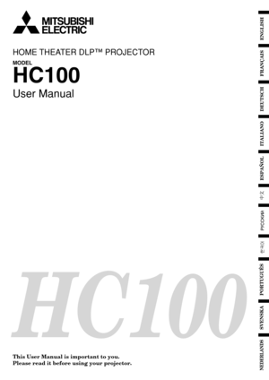 Page 1HC100
HOME THEATER DLP™ PROJECTOR
MODEL
HC100
User Manual
FRANÇAIS
ENGLISH
This User Manual is important to you.
Please read it before using your projector.
ESPAÑOL
DEUTSCH
ITALIANO
SVENSKA PORTUGUÊS
NEDERLANDS 