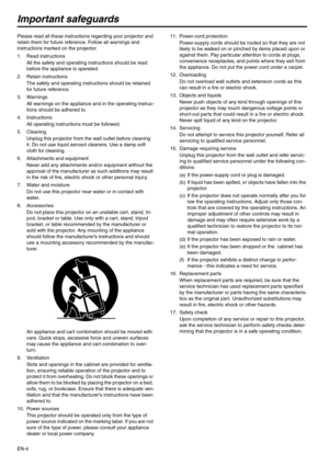 Page 4EN-4
Important safeguards
Please read all these instructions regarding your projector and 
retain them for future reference. Follow all warnings and 
instructions marked on the projector. 
1. Read instructions 
All the safety and operating instructions should be read 
before the appliance is operated. 
2. Retain instructions 
The safety and operating instructions should be retained 
for future reference. 
3. Warnings 
All warnings on the appliance and in the operating instruc-
tions should be adhered to....