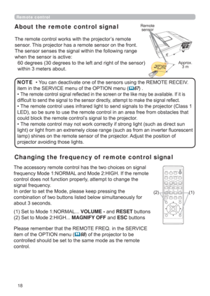 Page 1818
Changing the frequency of  remote control signal

IUHTXHQF\0RGH1250$/DQG0RGH+,*+,IWKHUHPRWH
FRQWUROGRHVQRWIXQFWLRQSURSHUO\DWWHPSWWRFKDQJHWKH
VLJQDOIUHTXHQF\


DERXWVHFRQGV
6HWWR0RGH1250$/VOLUME - DQGRESETEXWWRQV
6HWWR0RGH+,*+MAGNIFY OFFDQGESCEXWWRQV
3OHDVHUHPHPEHUWKDWWKH5(027()5(4LQWKH6(59,&(
LWHPRIWKH237,21PHQX
68RIWKHSURMHFWRUWREH

FRQWURO
CALIBRATION
KEYSTONE/
ASPECTACCENTUALIZERHDCR
AV MUTE
POSITIONESC MENU...