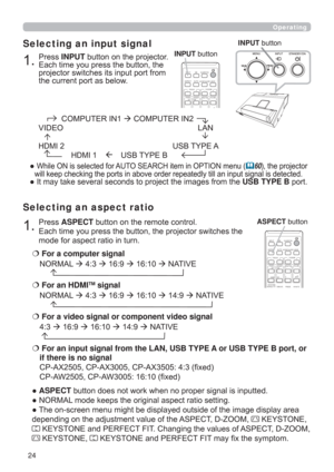 Page 2424
Operating
3UHVVASPECTEXWWRQRQWKHUHPRWHFRQWURO

PRGHIRUDVSHFWUDWLRLQWXUQ
Selecting an aspect ratio
”ASPECT
