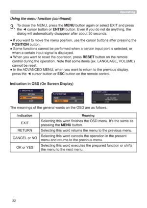 Page 3232
Operating
Using the menu function (continued)
7RFORVHWKH0(18SUHVVWKHMENUEXWWRQDJDLQRUVHOHFW(;,7DQGSUHVV
WKH{FXUVRUEXWWRQRUENTEREXWWRQ(YHQLI\RXGRQRWGRDQ\WKLQJWKH

”IWHUSUHVVLQJWKH
POSITIONEXWWRQ
”VHOHFWHGRU
ZKHQDFHUWDLQLQSXWVLJQDOLVGLVSOD\HG
”:KHQ\RXZDQWWRUHVHWWKHRSHUDWLRQSUHVVRESETEXWWRQRQWKHUHPRWH
(92/80(
FDQQRWEHUHVHW
”,QWKH$9$1&(0(18ZKHQ\RXZDQWWRUHWXUQWRWKHSUHYLRXVGLVSOD\...