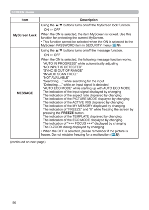 Page 5656
SCREEN menu
Item Description
MyScreen Lock8VLQJWKHxzEXWWRQVWXUQVRQRIIWKH0\6FUHHQORFNIXQFWLRQ
21
2))

IXQFWLRQIRUSURWHFWLQJWKHFXUUHQW0\6FUHHQ
