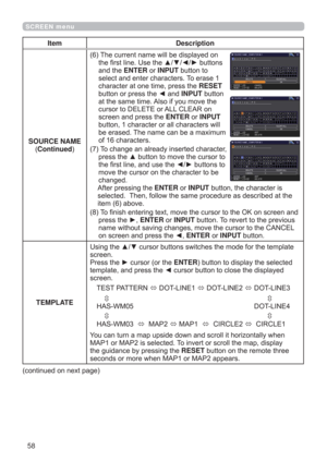 Page 5858
SCREEN menu
Item Description
SOURCE NAME
Continued
7KHFXUUHQWQDPHZLOOEHGLVSOD\HGRQ
WKH¿UVWOLQH8VHWKHxz{yEXWWRQV
DQGWKHENTERRUINPUTEXWWRQWR
VHOHFWDQGHQWHUFKDUDFWHUV7RHUDVH
FKDUDFWHUDWRQHWLPHSUHVVWKHRESET
EXWWRQRUSUHVVWKH{DQGINPUTEXWWRQ
DWWKHVDPHWLPH$OVRLI\RXPRYHWKH
FXUVRUWR(/(7(RU$//&/($5RQ
VFUHHQDQGSUHVVWKHENTERRUINPUT
EXWWRQFKDUDFWHURUDOOFKDUDFWHUVZLOO
EHHUDVHG7KHQDPHFDQEHDPD[LPXP...