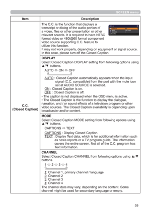 Page 5959
SCREEN menu
Item Description
C.C.
(Closed Caption)7KH&&LVWKHIXQFWLRQWKDWGLVSOD\VD
WUDQVFULSWRUGLDORJRIWKHDXGLRSRUWLRQRI
DYLGHR¿OHVRURWKHUSUHVHQWDWLRQRURWKHU
UHOHYDQWVRXQGV,WLVUHTXLUHGWRKDYH176&
IRUPDWYLGHRRUL#IRUPDWFRPSRQHQW
YLGHRVRXUFHVXSSRUWLQJ&&IHDWXUHWR
XWLOL]HWKLVIXQFWLRQ
,WPD\QRWZRUNSURSHUO\GHSHQGLQJRQHTXLSPHQWRUVLJQDOVRXUFH
,QWKLVFDVHSOHDVHWXUQRIIWKH&ORVHG&DSWLRQ
DISPLAY
6HOHFW&ORVHG&DSWLRQ,63/$