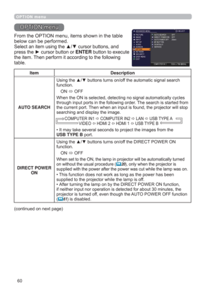 Page 6060
OPTION menu
237,21PHQX
)URPWKH237,21PHQXLWHPVVKRZQLQWKHWDEOH
EHORZFDQEHSHUIRUPHG
6HOHFWDQLWHPXVLQJWKHxzFXUVRUEXWWRQVDQG
SUHVVWKHyFXUVRUEXWWRQRUENTEREXWWRQWRH[HFXWH
WKHLWHP7KHQSHUIRUPLWDFFRUGLQJWRWKHIROORZLQJ
WDEOH
Item Description
AUTO SEARCH
8VLQJWKHxzEXWWRQVWXUQVRQRIIWKHDXWRPDWLFVLJQDOVHDUFK
IXQFWLRQ
21
2))
HV
WKURXJKLQSXWSRUWVLQWKHIROORZLQJRUGHU7KHVHDUFKLVVWDUWHGIURP...