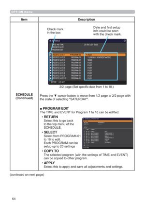 Page 6464
OPTION menu
Item Description
SCHEDULE
ContinuedSDJH6HWVSHFL