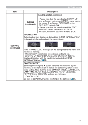 Page 7373
OPTION menu
Item Description
SERVICE
(continued)
CLONING
(continued)
/RDGLQJIXQFWLRQFRQWLQXHG
‡
3OHDVHQRWHWKDWWKHVDYHGGDWDRI67$5783
DQG0\6FUHHQ/RFNXQGHU6&5((1PHQXFDQQRW
EHORDGHGLI0\6FUHHQ3$66:25XQGHU
6(&85,7