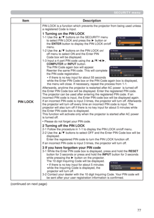 Page 7777
SECURITY menu
Item Description
PIN LOCK
XVHGXQOHVV
DUHJLVWHUHG&RGHLVLQSXW
1 Turning on the PIN LOCK
8VHWKHxzEXWWRQVRQWKH6(&85,7